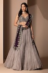 Chhaya Mehrotra_Grey Pure Habutai Silk Embroidery V Neck Crushed Lehenga Set _Online_at_Aza_Fashions