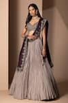 Buy_Chhaya Mehrotra_Grey Pure Habutai Silk Embroidery V Neck Crushed Lehenga Set _Online_at_Aza_Fashions