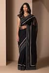 Buy_Chhaya Mehrotra_Black Organza Embroidery V Neck Saree With Blouse  _at_Aza_Fashions