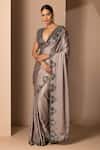 Buy_Chhaya Mehrotra_Grey Silk Satin Embroidery V Neck Saree With Blouse _at_Aza_Fashions