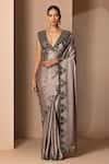 Chhaya Mehrotra_Grey Silk Satin Embroidery V Neck Saree With Blouse _Online_at_Aza_Fashions