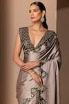 Buy_Chhaya Mehrotra_Grey Silk Satin Embroidery V Neck Saree With Blouse _Online_at_Aza_Fashions