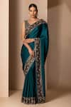 Buy_Chhaya Mehrotra_Green Silk Satin Embroidery V Neck Saree With Blouse  _at_Aza_Fashions