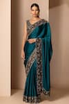 Chhaya Mehrotra_Green Silk Satin Embroidery V Neck Saree With Blouse  _Online_at_Aza_Fashions