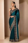 Buy_Chhaya Mehrotra_Green Silk Satin Embroidery V Neck Saree With Blouse  _Online_at_Aza_Fashions