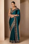 Shop_Chhaya Mehrotra_Green Silk Satin Embroidery V Neck Saree With Blouse  _Online_at_Aza_Fashions