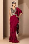 Buy_Chhaya Mehrotra_Maroon Silk Georgette Embroidery V Neck Ruffle Pre-draped Saree Set  _at_Aza_Fashions