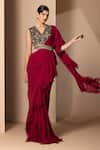 Shop_Chhaya Mehrotra_Maroon Silk Georgette Embroidery V Neck Ruffle Pre-draped Saree Set  _at_Aza_Fashions