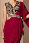 Buy_Chhaya Mehrotra_Maroon Silk Georgette Embroidery V Neck Ruffle Pre-draped Saree Set  _Online_at_Aza_Fashions