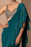 Buy_Chhaya Mehrotra_Green Silk Georgette Embroidery V Neck Ruffle Pre-draped Saree Set  _Online_at_Aza_Fashions