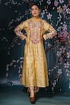 Label Niti Bothra_Yellow Chanderi Silk Printed Floral Round Kurta Palazzo Set _Online_at_Aza_Fashions