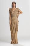 Buy_Megha Bansal_Brown Chiffon Embroidered Saree Gown _at_Aza_Fashions