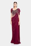 Buy_Gaurav Gupta_Maroon Silk Georgette Pre-draped Embroidered Saree Gown_at_Aza_Fashions