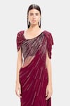 Shop_Gaurav Gupta_Maroon Silk Georgette Pre-draped Embroidered Saree Gown_Online_at_Aza_Fashions