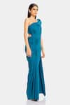 Gaurav Gupta_Blue Sparkle Jersey Pre-draped One Shoulder Saree Gown_Online_at_Aza_Fashions