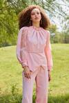 Buy_Label Deepika Nagpal_Pink Luxury Heavy Crepe 74% Polyester Embroidered Puff Sleeve Top And Pant Set _at_Aza_Fashions