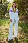 Shop_Label Deepika Nagpal_White Luxury Heavy Crepe 74% Polyester Plain Colour Block Blazer And Pant Set _at_Aza_Fashions