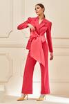 Label Deepika Nagpal_Pink Luxury Heavy Crepe 74% Polyester Plain Notched Knotted Blazer And Pant Set _Online_at_Aza_Fashions