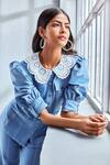 Label Deepika Nagpal Blue Heavy Cotton Twill Lycra Peter Pan Collar Shirt And Set Online at Aza Fashions Label Deepika Nagpal_Blue Heavy Cotton Twill Lycra Peter Pan Collar Shirt And Set_Online_at_Aza_Fashions
