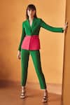 Buy_Label Deepika Nagpal_Green 74% Polyester Plain Notched Lapel Collar Color Block Balzer And Pant Set _at_Aza_Fashions