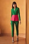 Shop_Label Deepika Nagpal_Green 74% Polyester Plain Notched Lapel Collar Color Block Balzer And Pant Set _at_Aza_Fashions