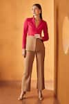 Buy_Label Deepika Nagpal_Beige 74% Polyester Plain Notched Lapel Collar Color Block Pant Set _at_Aza_Fashions