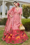 Buy_Sonia Bansal_Red Silk Printed Chevron V Neck Anarkali With Dupatta _at_Aza_Fashions