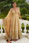 Buy_Sonia Bansal_Yellow Chanderi And Embroidery Paithani V Neck Anarkali With Dupatta _at_Aza_Fashions