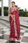 Buy_Sonia Bansal_Red Organza And Silk Embroidery & Applique Sequin Round Floral Saree With Blouse _at_Aza_Fashions