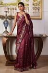 Buy_Sonia Bansal_Wine Silk Embroidery And Applique Cutdana V Neck Saree With Sequin Blouse _at_Aza_Fashions