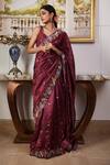 Shop_Sonia Bansal_Wine Silk Embroidery And Applique Cutdana V Neck Saree With Sequin Blouse _at_Aza_Fashions