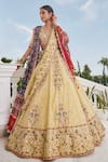 Buy_Sonia Bansal_Yellow Tissue Embroidery Zardozi V Neck Bridal Lehenga Set _at_Aza_Fashions