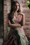 Shop_Anushree Reddy_Pink Organza U Neck Floral Embroidered Bridal Lehenga Set  _at_Aza_Fashions