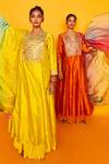 Loka By Veerali Raveshia_Orange Chanderi Silk, Tussar Silk, V Neck Ragini Kurta Sharara Set _Online_at_Aza_Fashions