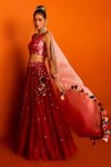 Shop_Loka By Veerali Raveshia_Red Organza, Dupion , Chanderi V Neck Chhayanat Bridal Lehenga Set _at_Aza_Fashions