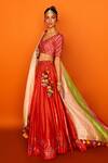 Shop_Loka By Veerali Raveshia_Orange Dupion , Chanderi , Tussar V Neck Asavri Bridal Lehenga Set _at_Aza_Fashions