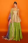 Buy_Loka by Veerali Raveshia_Green Chanderi Silk Embroidery Sanjani Peplum Tunic And Lehenga Set  _at_Aza_Fashions