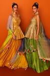 Buy_Loka By Veerali Raveshia_Yellow Organza, Dupion , Chanderi Sanjani Peplum Tunic And Lehenga Set _Online_at_Aza_Fashions
