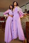 Babita Malkani_Purple Organza, Net, , Italian V Neck Cold Shoulder Draped Jumpsuit_at_Aza_Fashions