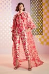 Pankaj & Nidhi_Pink Organza Printed Floral Tie-up Neck Coralie Cape And Top Set  _Online_at_Aza_Fashions