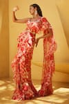 Pankaj & Nidhi_Peach Saree Organza Floral Motifs Plunge Coralie Ruffle With Blouse _Online_at_Aza_Fashions