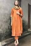 Shop_I am Design_Orange Satin Linen Round Silk Embellished Kurta And Pant Set _Online_at_Aza_Fashions