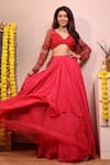 Buy_Babita Malkani_Red Crepe And Net Embroidered Bead Work V Neck Layered Lehenga & Crop Top Set _at_Aza_Fashions