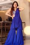 Buy_Babita Malkani_Blue Crepe And Velvet Floral Motifs V Neck Sharara Saree With Bustier_at_Aza_Fashions