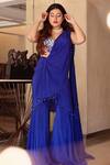 Shop_Babita Malkani_Blue Crepe And Velvet Floral Motifs V Neck Sharara Saree With Bustier_at_Aza_Fashions