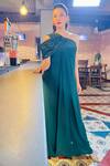 Shop_Babita Malkani_Green Organza, Crepe One Shoulder Asymmetric Draped Jumpsuit_at_Aza_Fashions