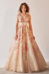 Buy_Cedar & Pine_Beige Organza Printed Floral Motifs Plunge V Neck Versailles Gown  _at_Aza_Fashions