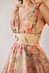 Buy_Cedar & Pine_Beige Organza Printed Floral Motifs Plunge V Neck Versailles Gown  _Online_at_Aza_Fashions