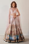 Buy_Cedar & Pine_Blue Tulle, Dupion Palace Motif Plunge V Neck Versailles Print Lehenga Set _at_Aza_Fashions