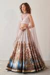 Cedar & Pine_Blue Tulle, Dupion Palace Motif Plunge V Neck Versailles Print Lehenga Set _Online_at_Aza_Fashions